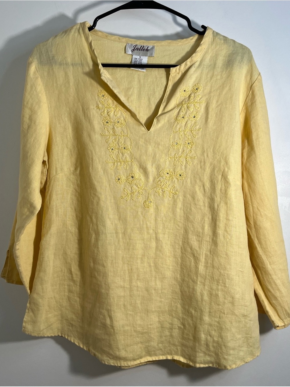 Floral Embroidered Linen Blouse Medium Yellow Rhinestones Minimalist Lagenlook